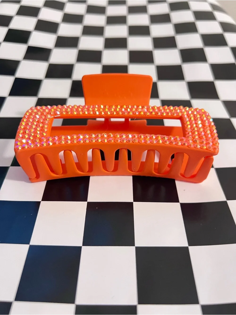 Hand Bedazzled Neon Orange Rhinestone Claw Clip Adult Double-Sided Sparkle